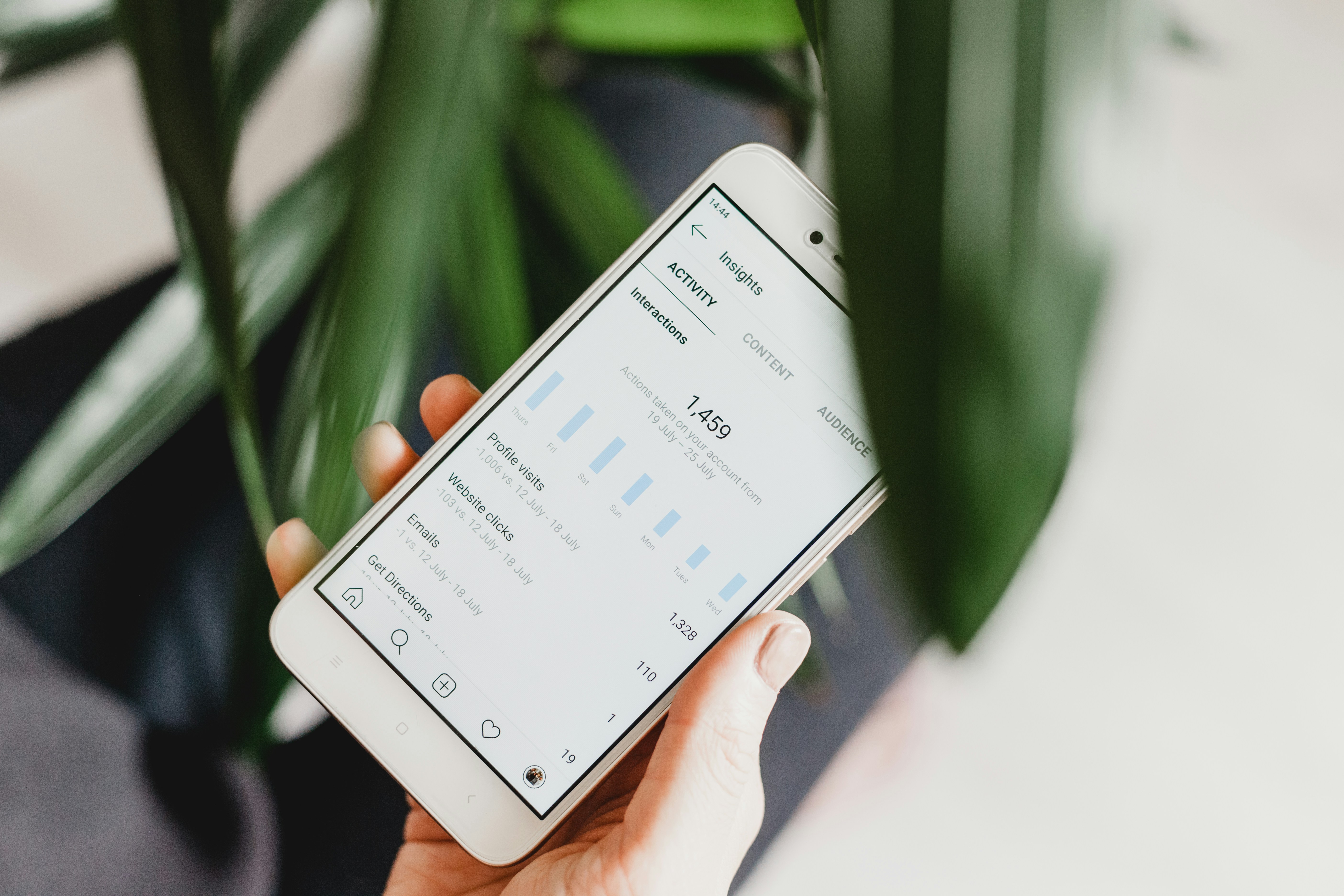 Hand holding a mobile device displaying Instagram insights for activity, content, interactions, and audience, with a clock showing 14:44 and stats on profile visits, website clicks, emails, and directions from 19 July to 25 July.